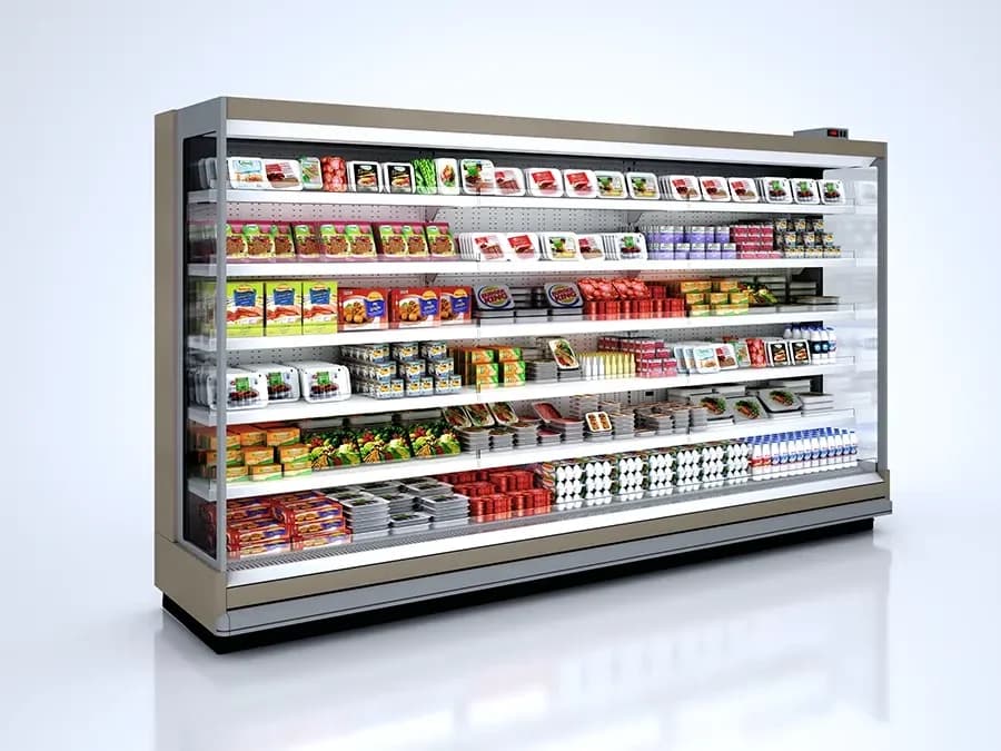 Open refrigerated display case stocked with grocery products